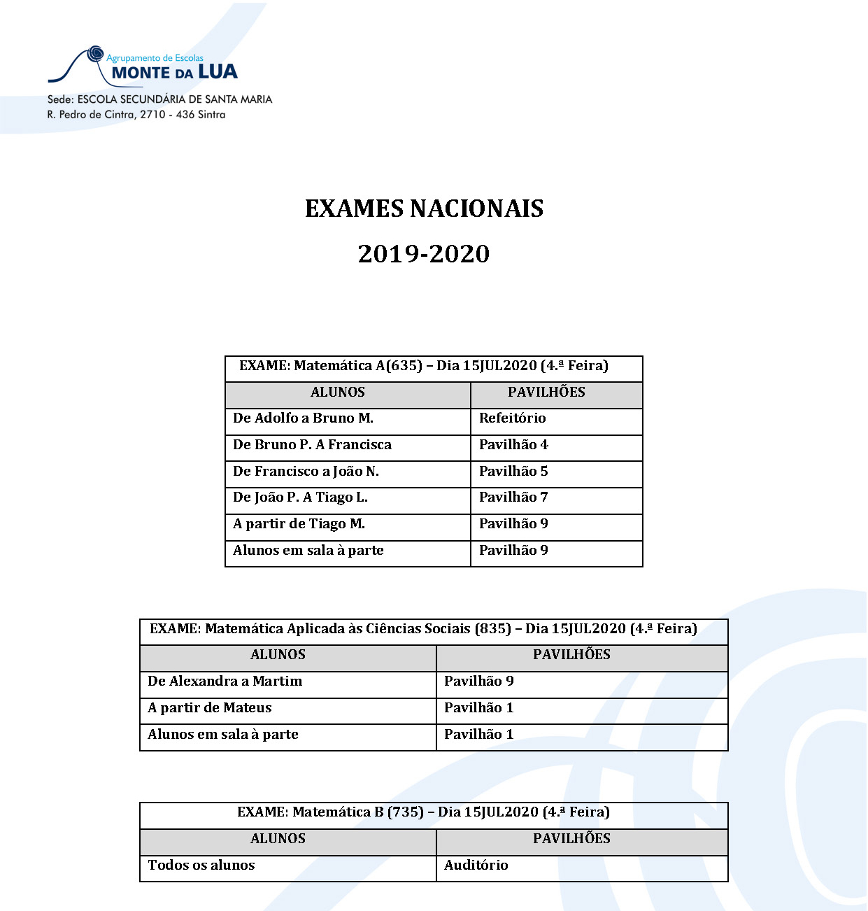 Exames Nacionais Pavilhões A