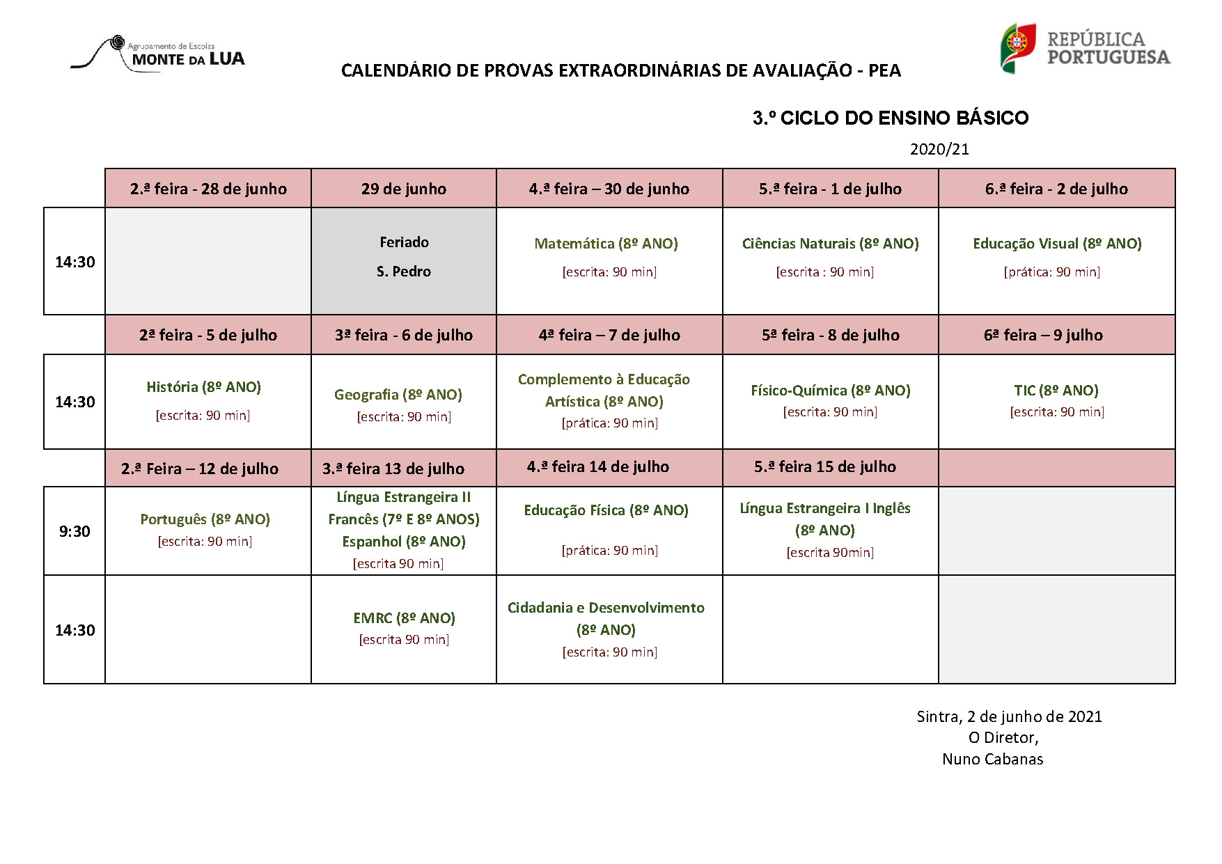 calendário PEA 3 ciclo 2021